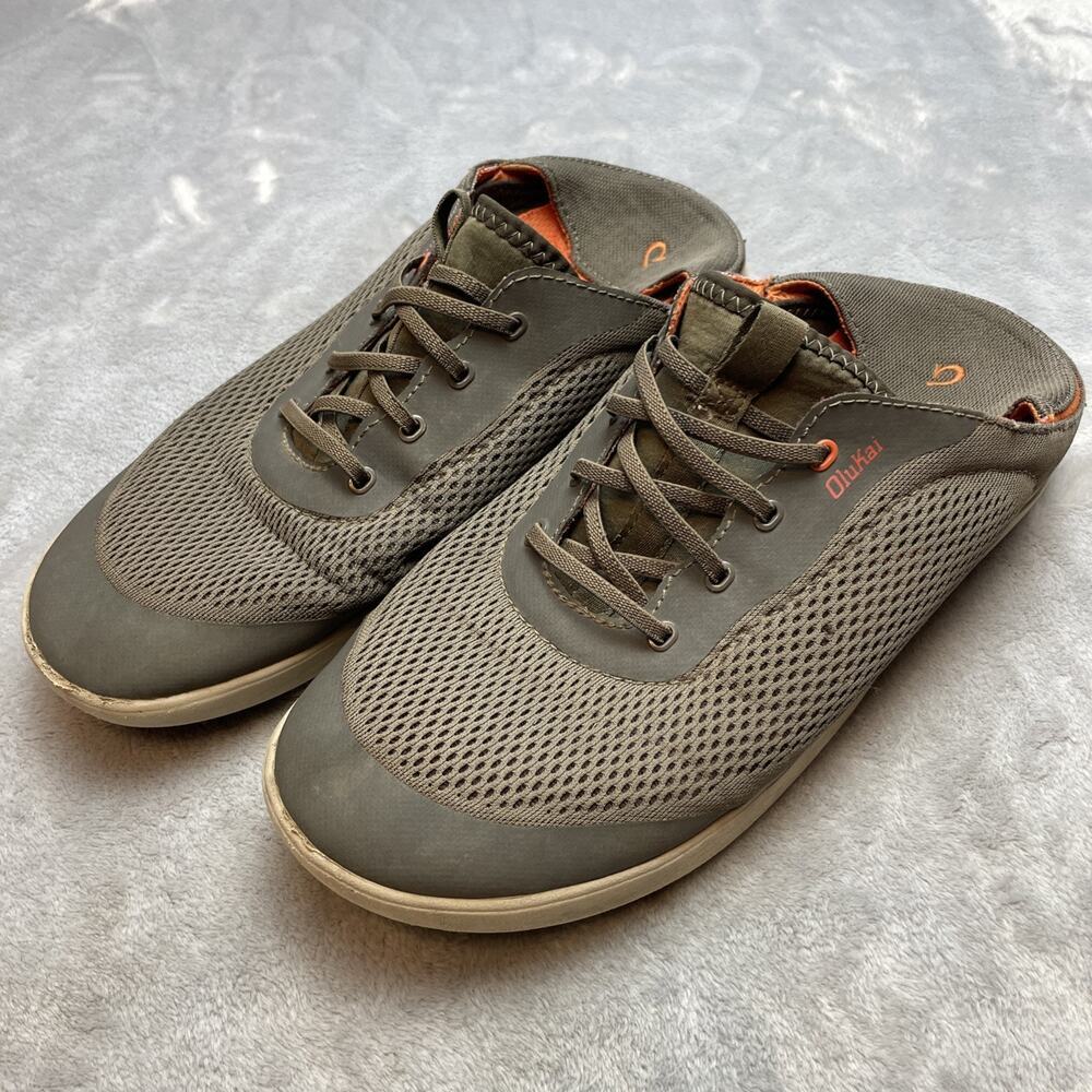 OluKai Mens Moku Pae Boat Shoes Size 10.5 Khaki Gray Mesh Slip On Beach Comfort